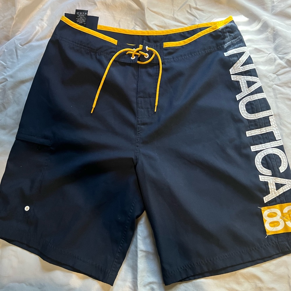Nautica Swim Trunks Mens XXL SZ:36  Navy Blue Nautical Trunks 10" INSEAM